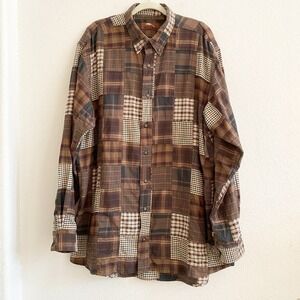 Bob Timberlake Shirt Mens XL T Tall Brown Plaid Patchwork Long‎ Sleeve Button Up